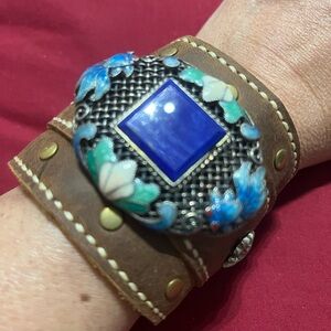 Handcrafted Leather Cuff Bracelet with Blue Stone